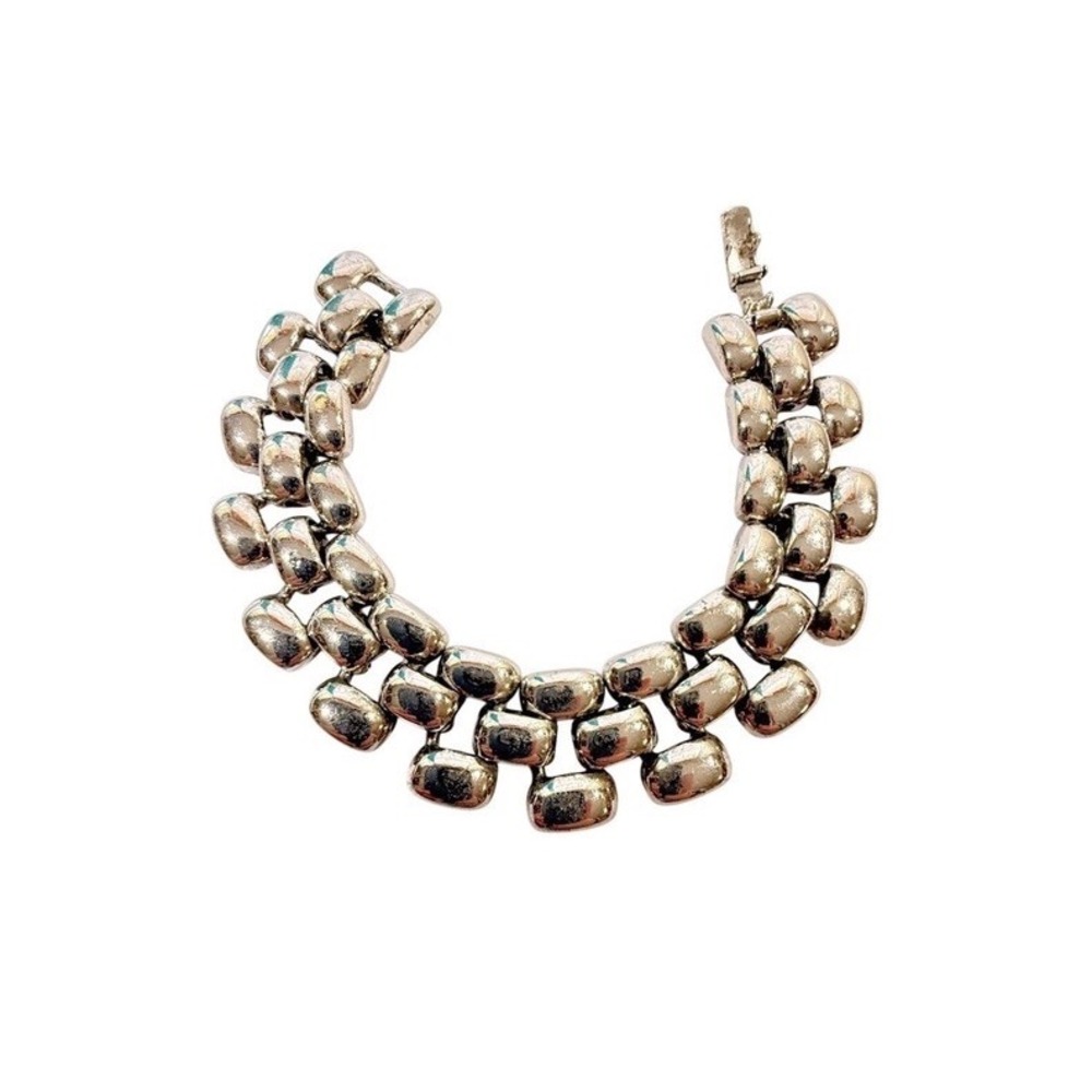 Chunky Link Bracelet Silver Polished Weighted Metal Fold Over Clasp About 7.5